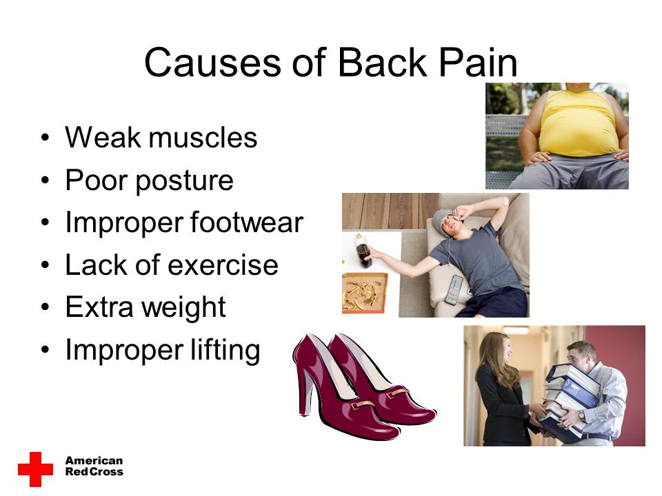 Causes of Back Pain Weak muscles Poor posture Improper footwear