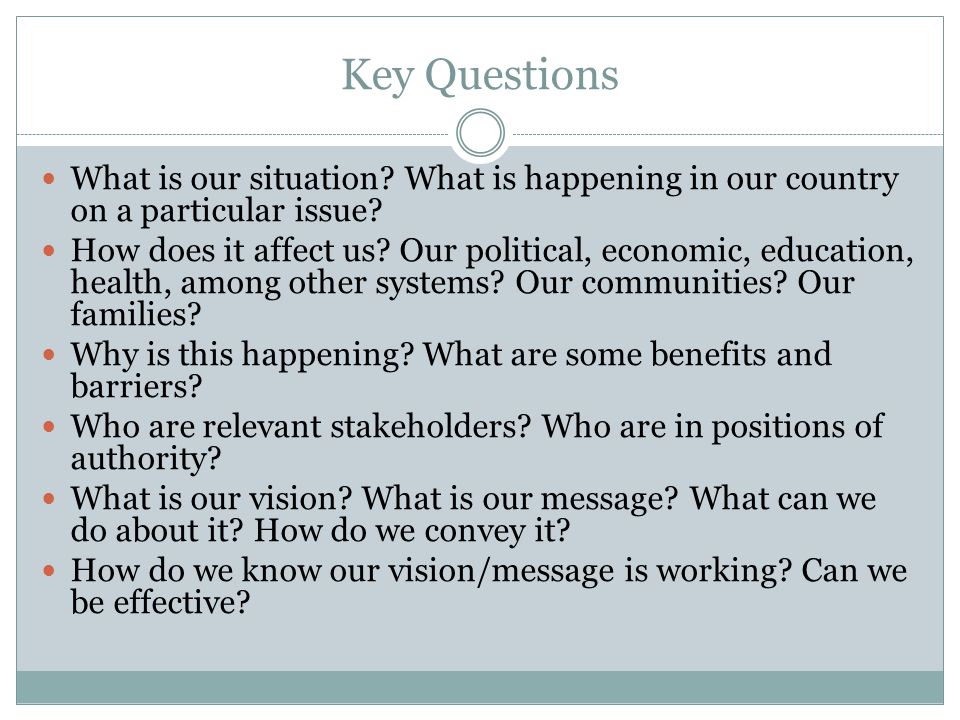 Key Questions What is our situation What is happening in our country on a particular issue