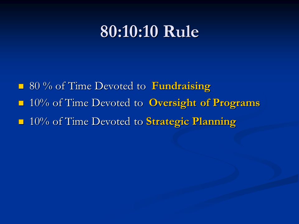 80:10:10 Rule 80 % of Time Devoted to Fundraising
