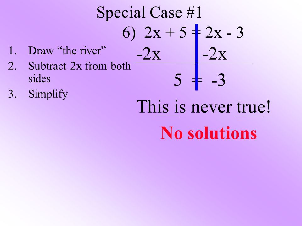 -2x -2x 5 = -3 This is never true! No solutions