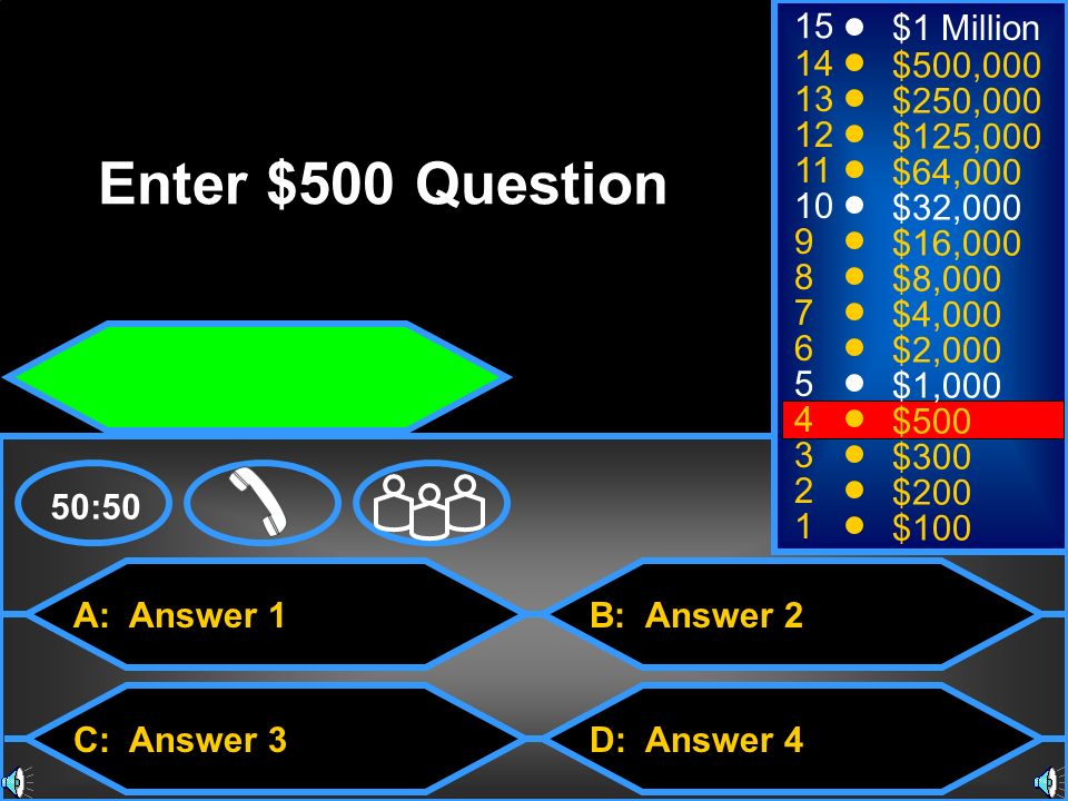 Enter $500 Question 15 $1 Million 14 $500, $250, $125,000