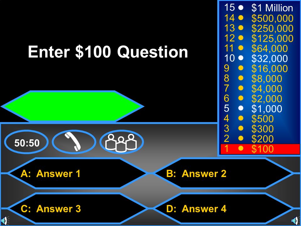 Enter $100 Question 15 $1 Million 14 $500, $250, $125,000
