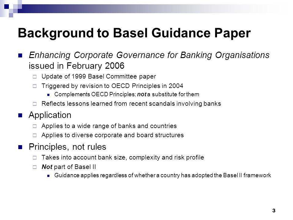 Background to Basel Guidance Paper