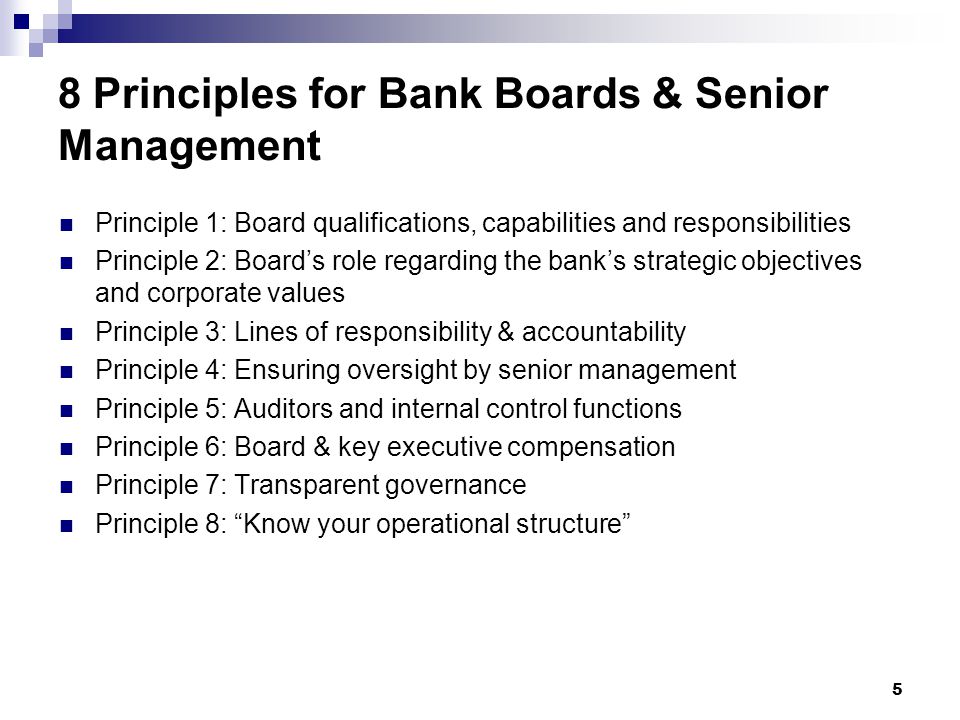 8 Principles for Bank Boards & Senior Management