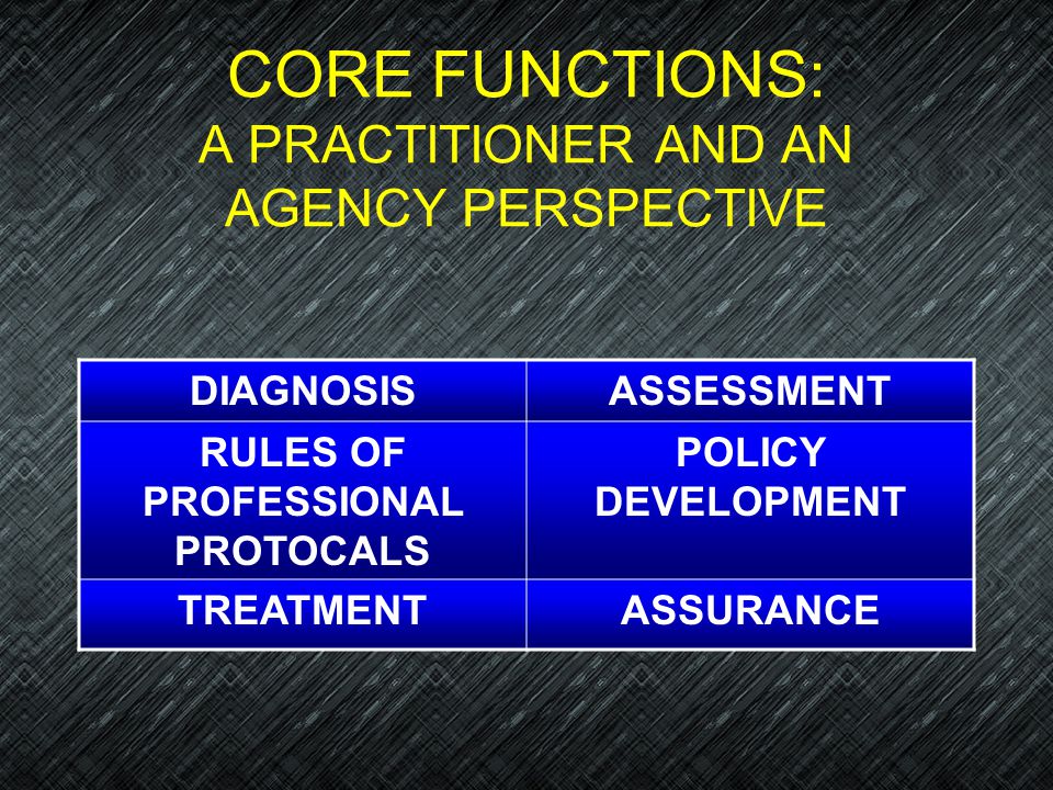 CORE FUNCTIONS: A PRACTITIONER AND AN AGENCY PERSPECTIVE