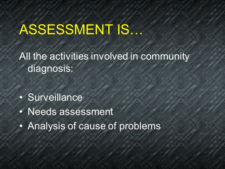 ASSESSMENT IS… All the activities involved in community diagnosis: