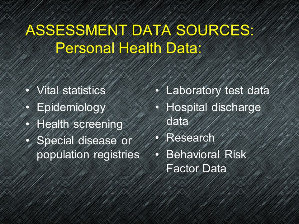 ASSESSMENT DATA SOURCES: Personal Health Data: