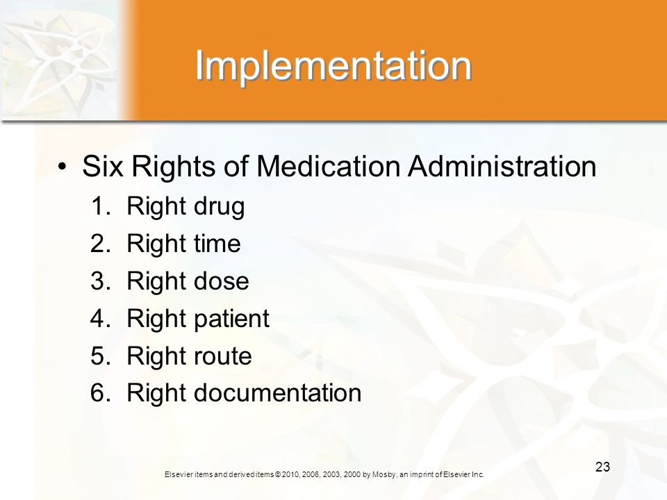 Implementation Six Rights of Medication Administration 1. Right drug