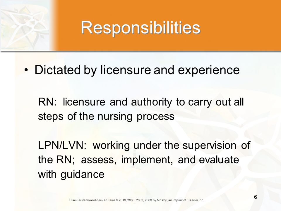 Responsibilities Dictated by licensure and experience