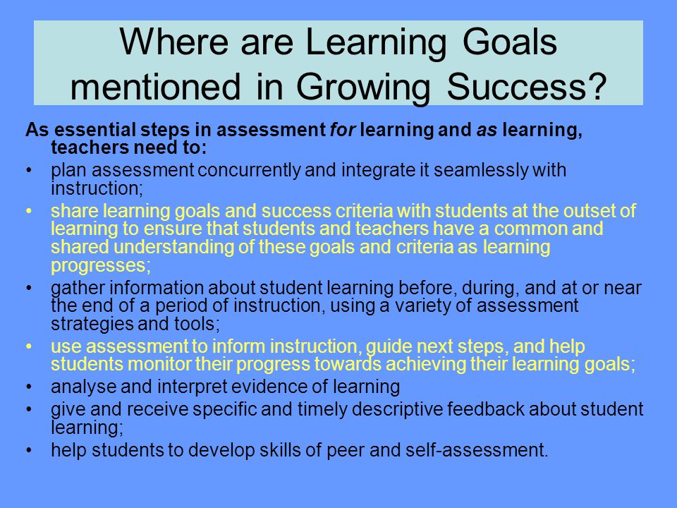 Where are Learning Goals mentioned in Growing Success