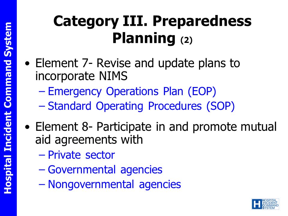 Category III. Preparedness Planning (2)