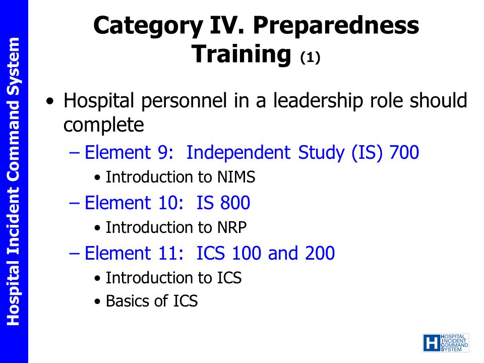 Category IV. Preparedness Training (1)