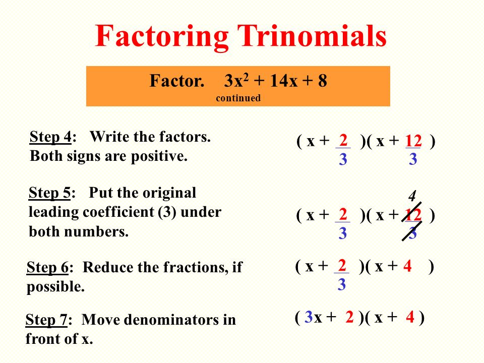 Factoring Trinomials Factor. 3x2 + 14x + 8 continued ( x + )( x + ) 2