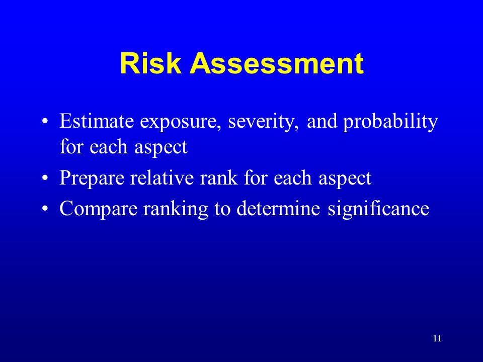 Risk Assessment Estimate exposure, severity, and probability for each aspect. Prepare relative rank for each aspect.