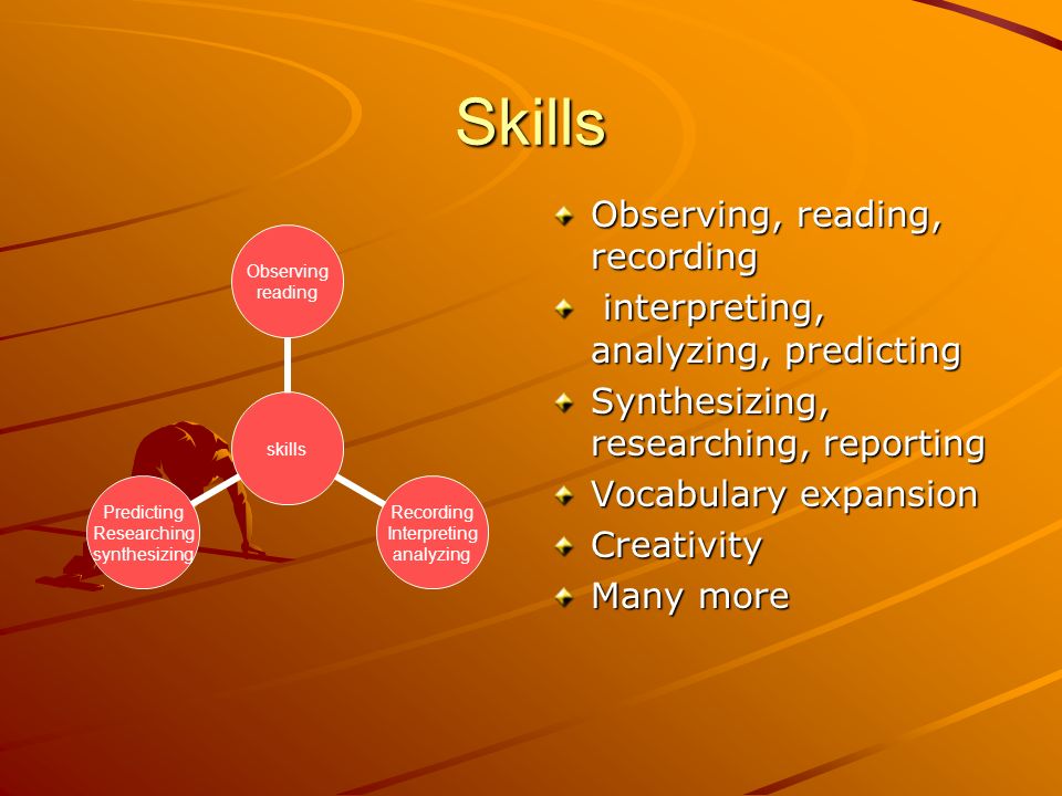 Skills Observing, reading, recording