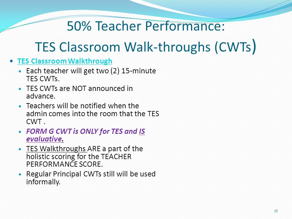 50% Teacher Performance: TES Classroom Walk-throughs (CWTs)