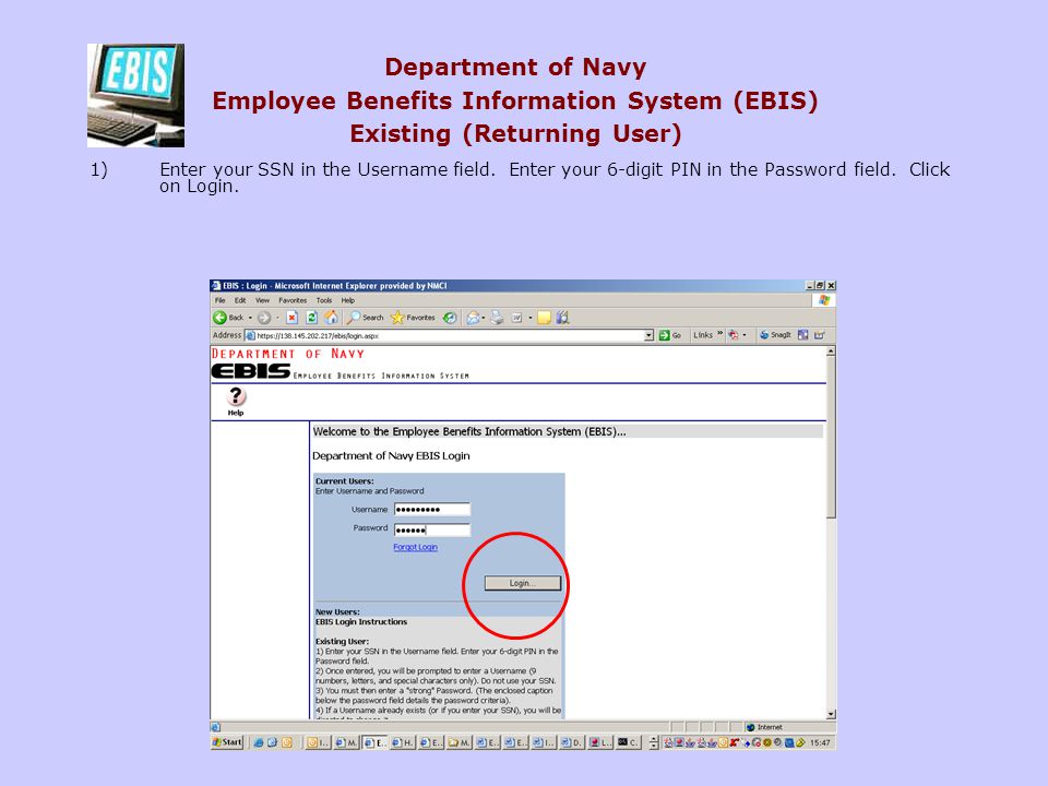 Department of Navy Employee Benefits Information System (EBIS) Existing (Returning User)