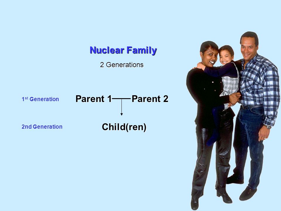 Nuclear Family Parent 1 Parent 2 Child(ren) 2 Generations