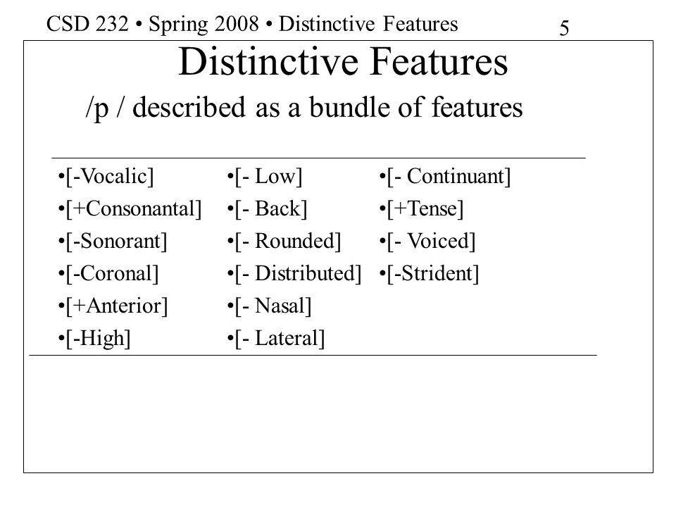 Distinctive Features /p / described as a bundle of features [-Vocalic]