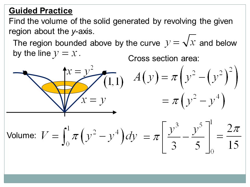 Guided Practice Find the volume of the solid generated by revolving the given. region about the y-axis.