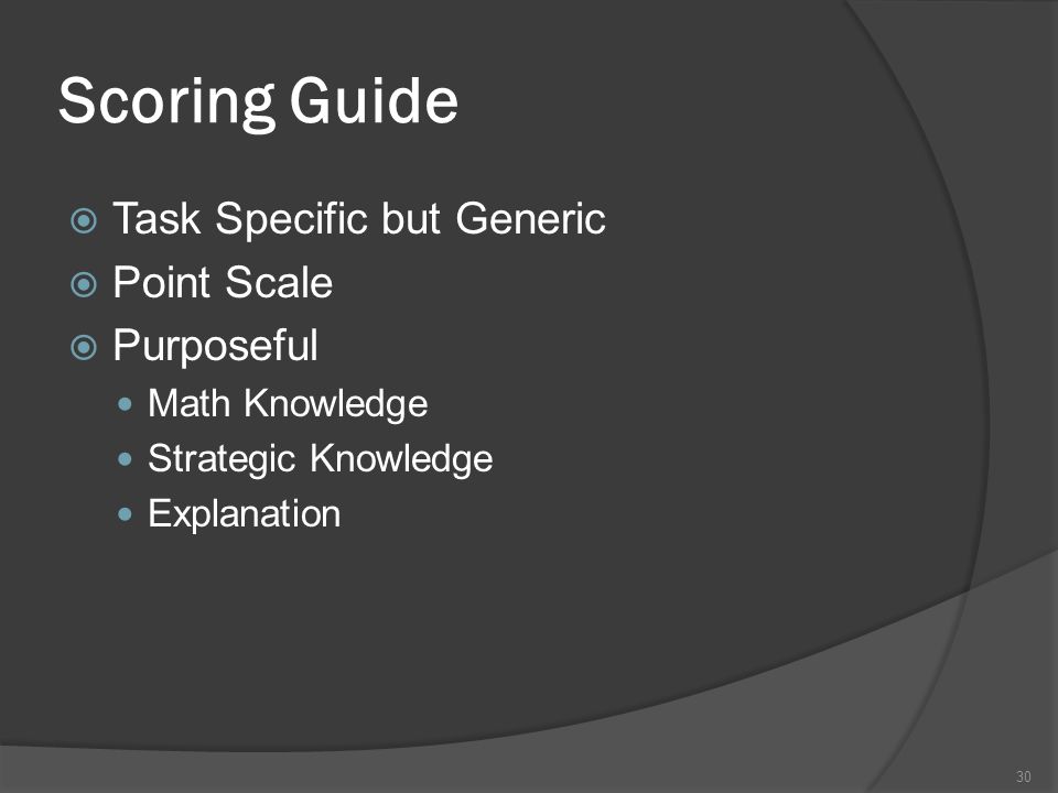 Scoring Guide Task Specific but Generic Point Scale Purposeful