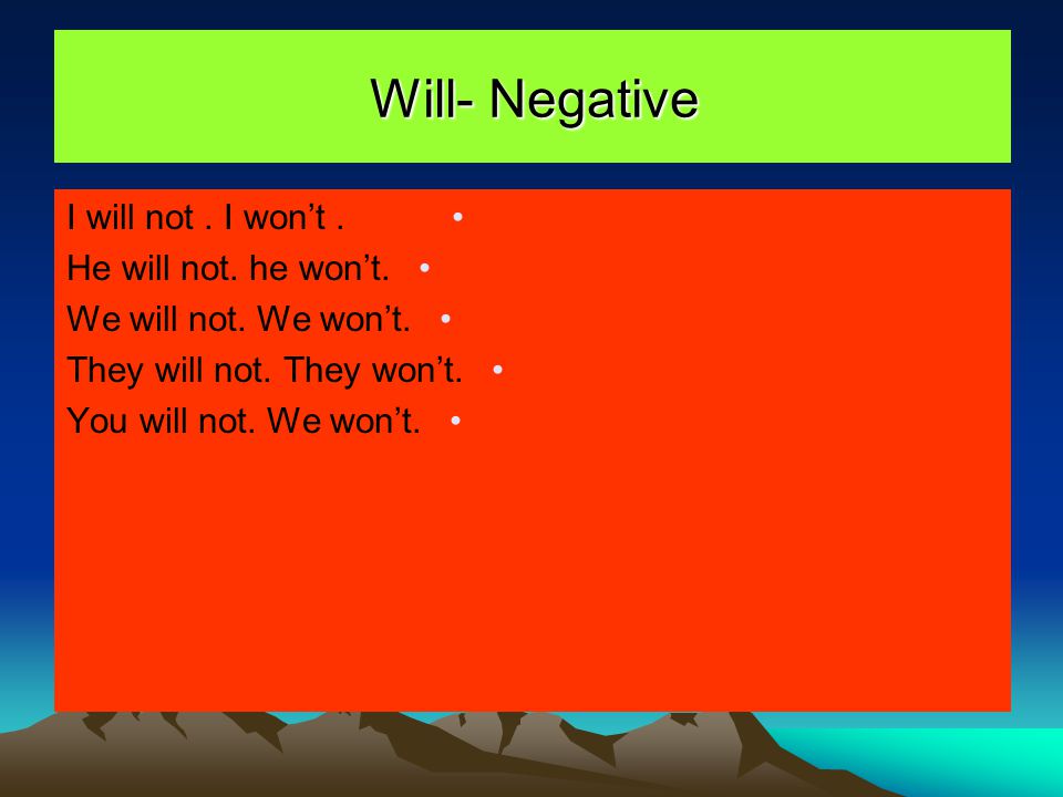 Will- Negative I will not . I won’t . He will not. he won’t.