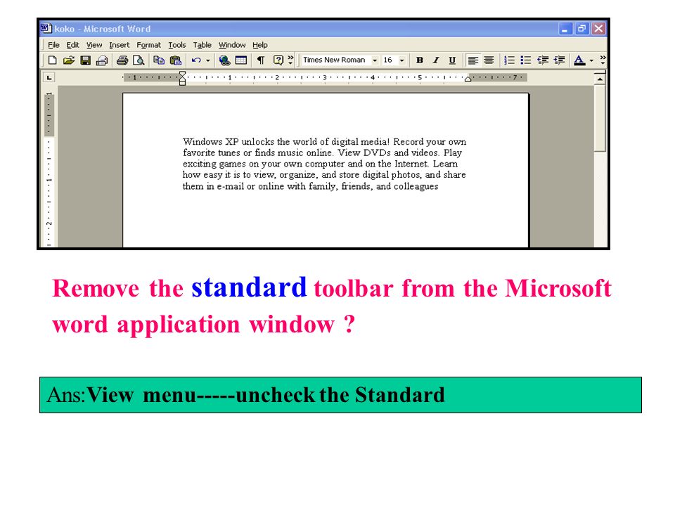 Remove the standard toolbar from the Microsoft word application window