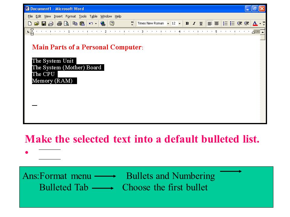 Make the selected text into a default bulleted list.