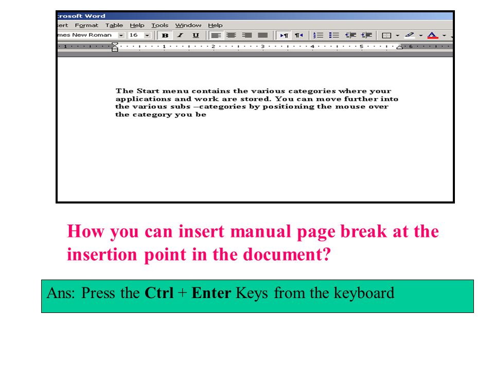 How you can insert manual page break at the insertion point in the document