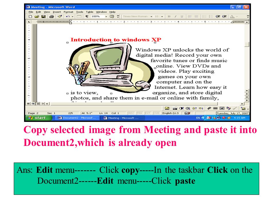 Copy selected image from Meeting and paste it into Document2,which is already open