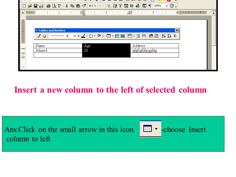 Insert a new column to the left of selected column