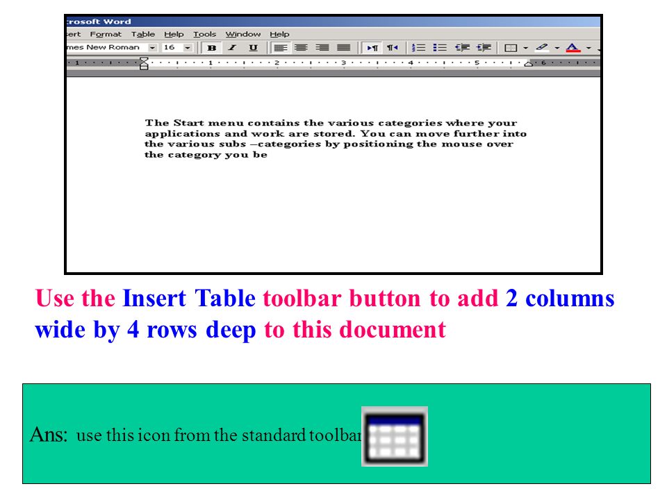 Use the Insert Table toolbar button to add 2 columns wide by 4 rows deep to this document