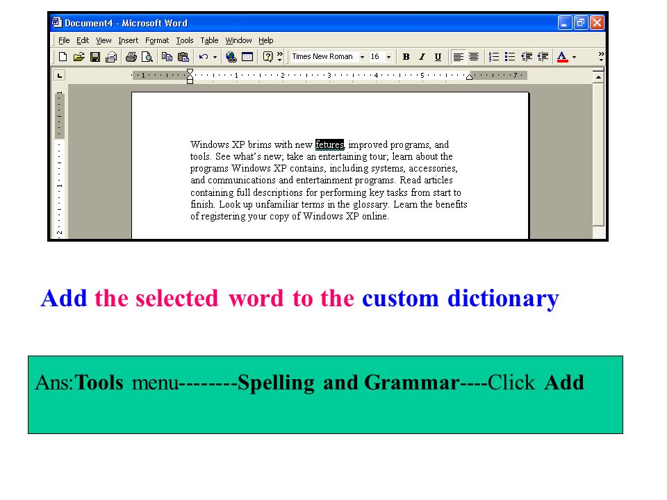 Add the selected word to the custom dictionary