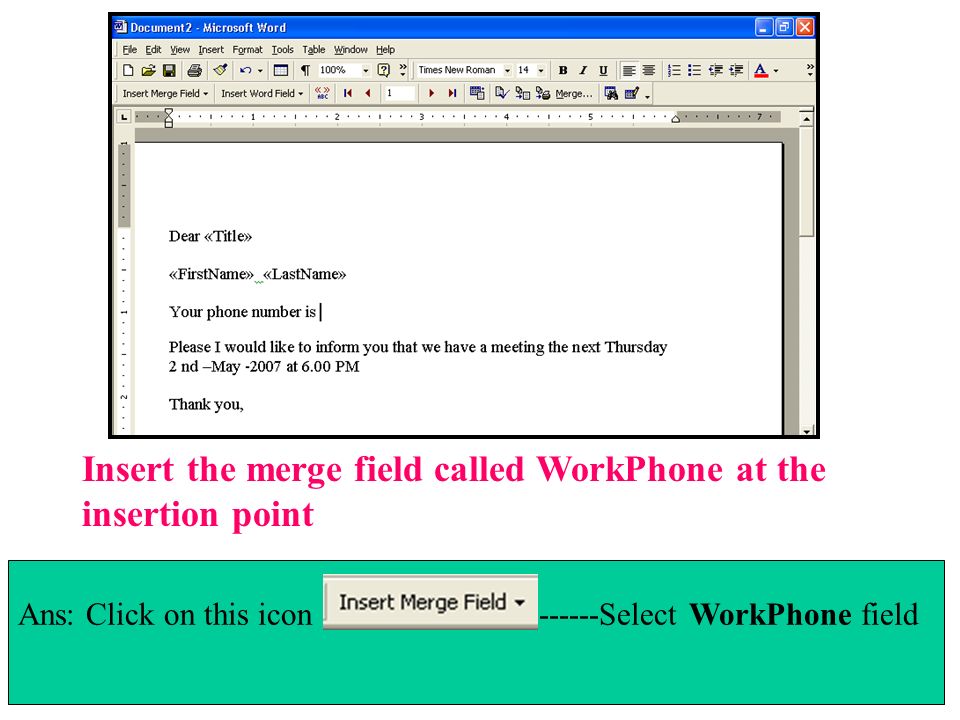 Insert the merge field called WorkPhone at the insertion point