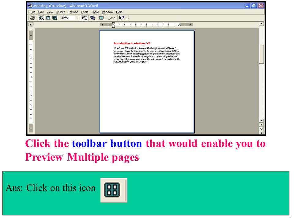 Click the toolbar button that would enable you to Preview Multiple pages