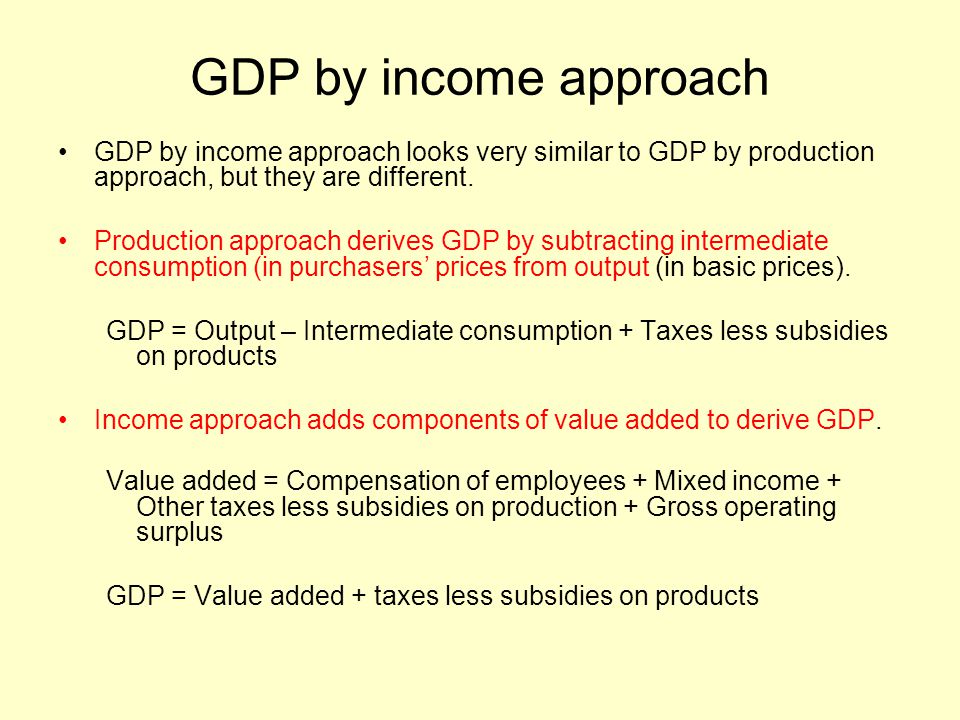 GDP by income approach GDP by income approach looks very similar to GDP by production approach, but they are different.
