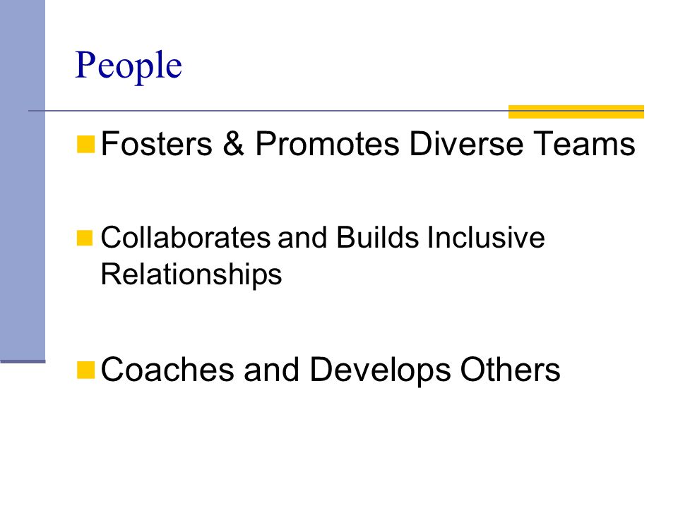People Fosters & Promotes Diverse Teams Coaches and Develops Others