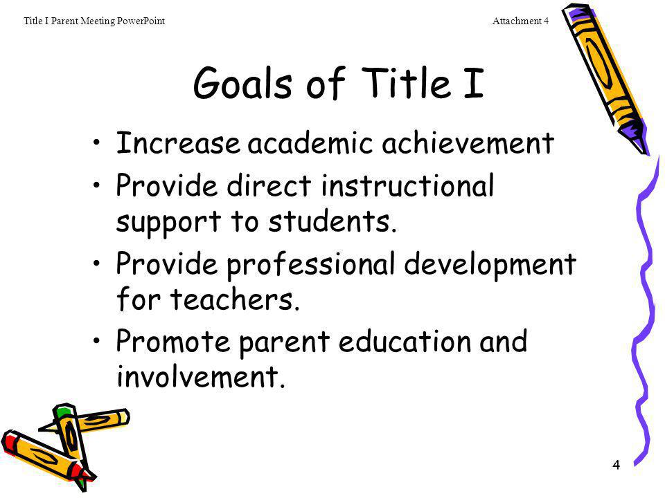 Goals of Title I Increase academic achievement