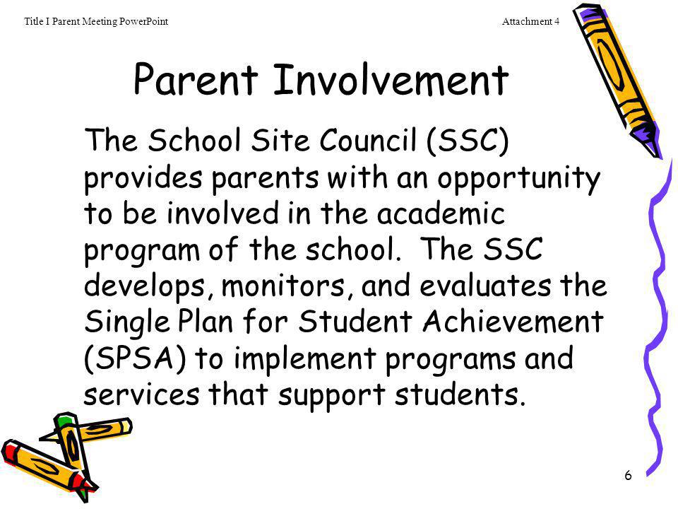 Attachment 4 Title I Parent Meeting PowerPoint. Parent Involvement.
