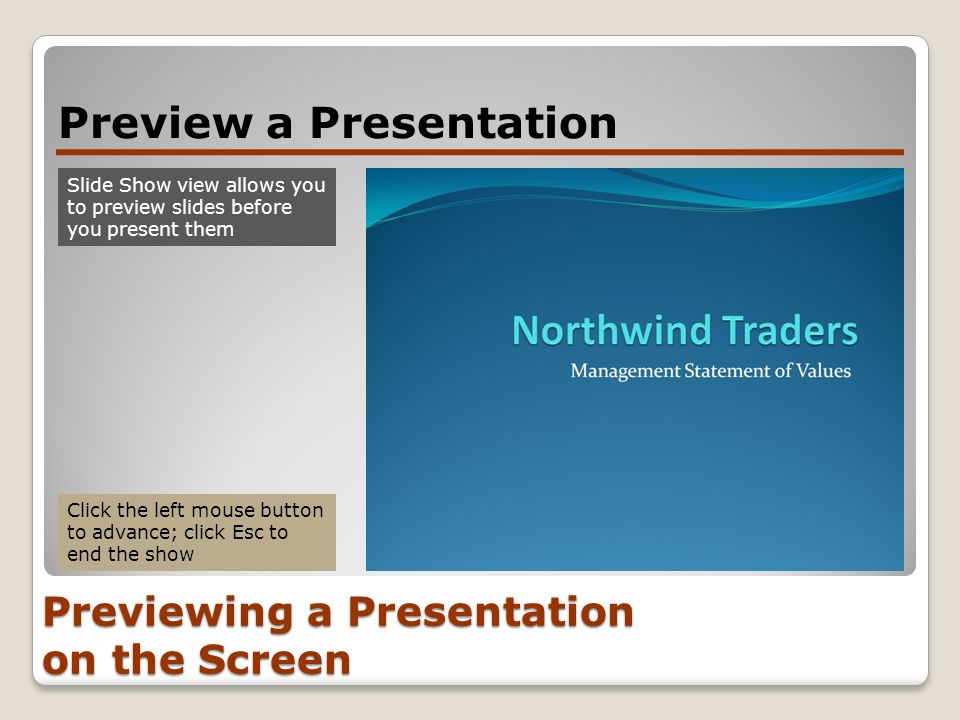 Previewing a Presentation on the Screen