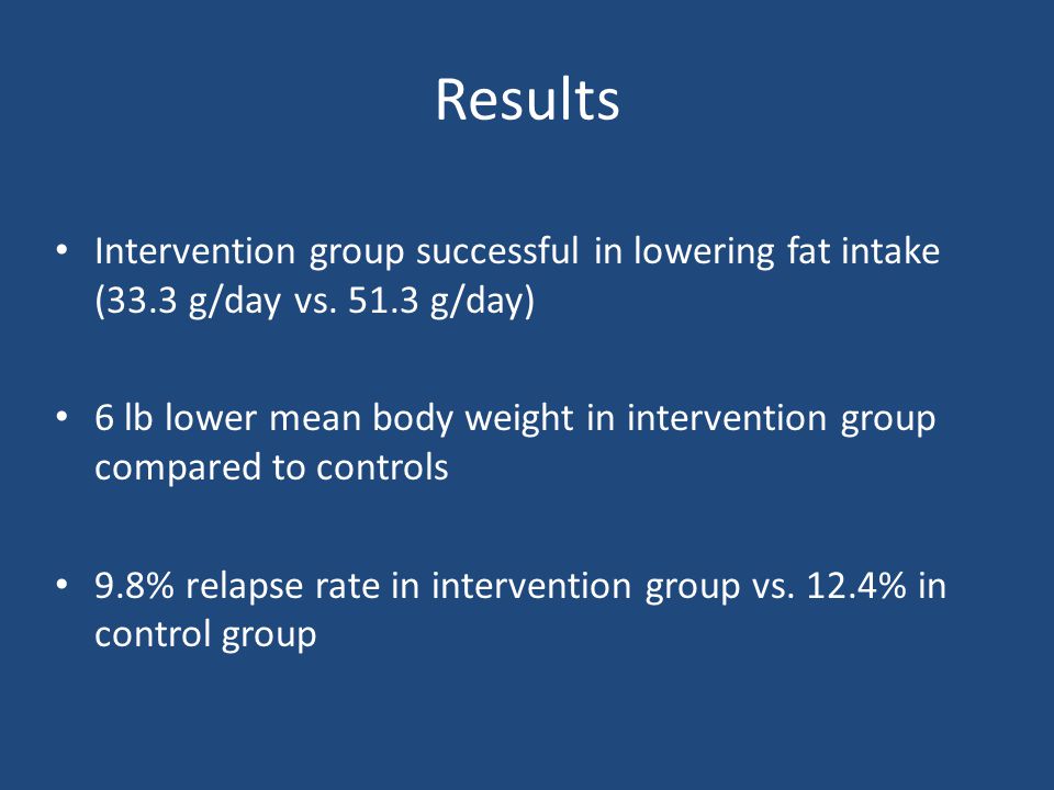 Results Intervention group successful in lowering fat intake (33.3 g/day vs g/day)