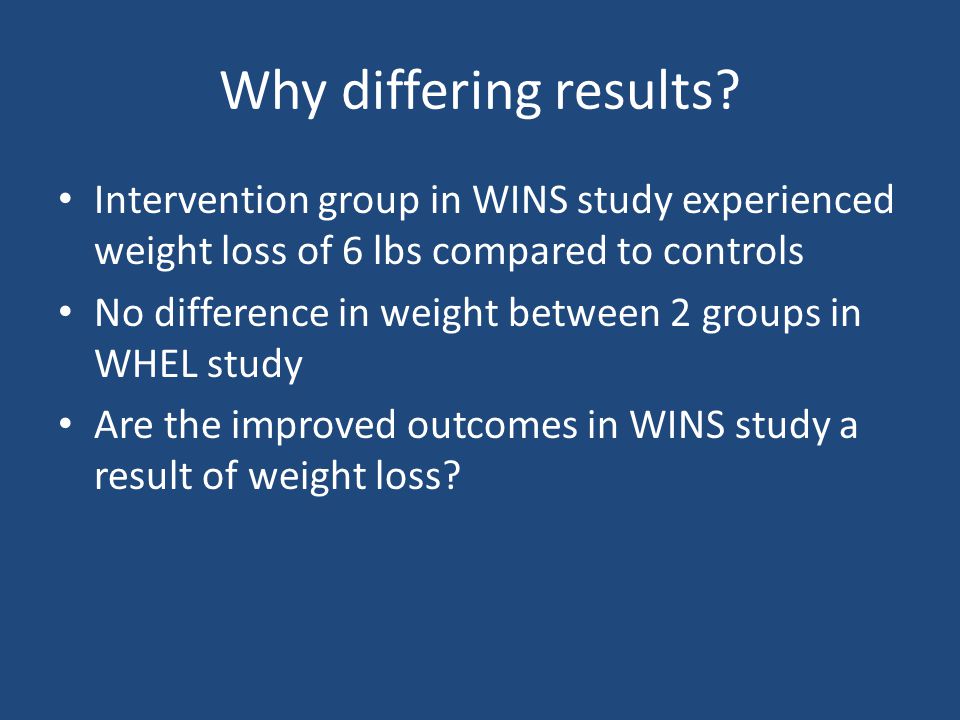 Why differing results Intervention group in WINS study experienced weight loss of 6 lbs compared to controls.