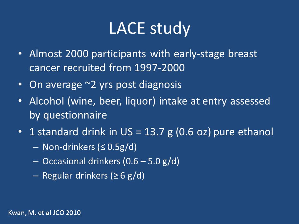 LACE study Almost 2000 participants with early-stage breast cancer recruited from On average ~2 yrs post diagnosis.