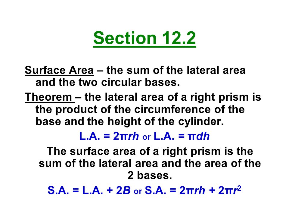 Section 12.2 Surface Area – the sum of the lateral area and the two circular bases.