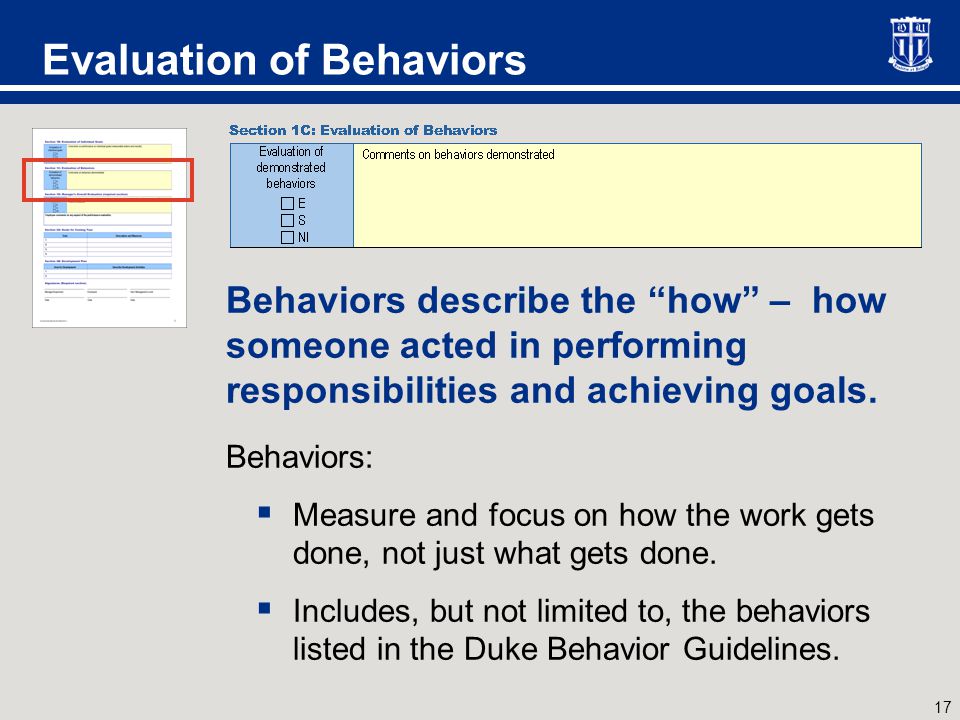 Evaluation of Behaviors, cont.