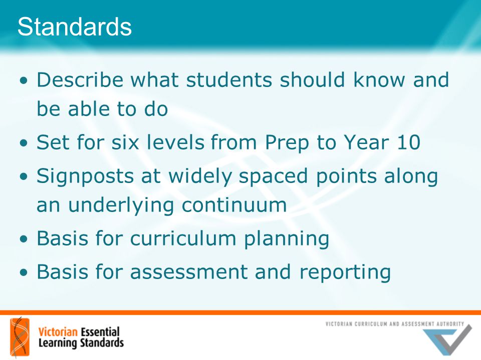 Standards Describe what students should know and be able to do