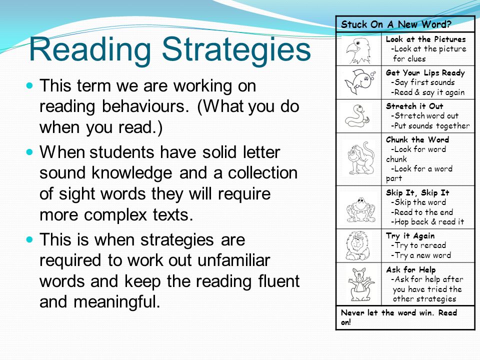 Reading Strategies Stuck On A New Word Look at the Pictures. -Look at the picture. for clues. Get Your Lips Ready.