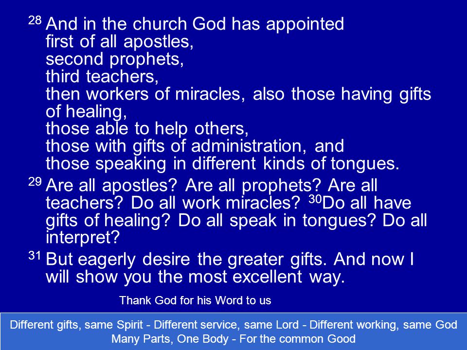 28 And in the church God has appointed first of all apostles, second prophets, third teachers, then workers of miracles, also those having gifts of healing, those able to help others, those with gifts of administration, and those speaking in different kinds of tongues.