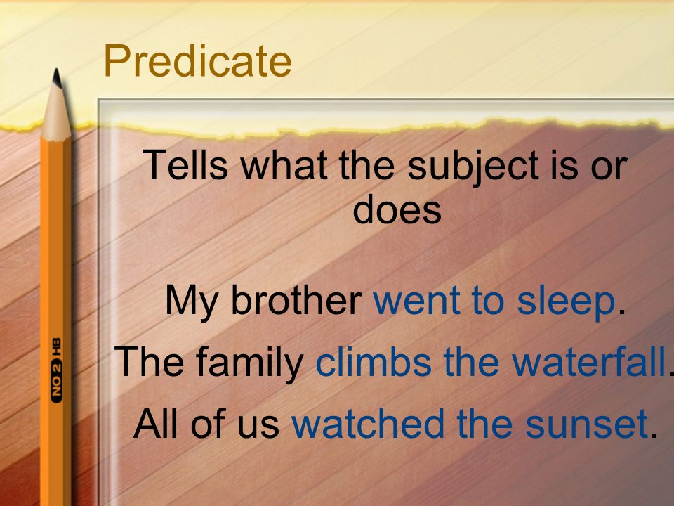 Predicate Tells what the subject is or does My brother went to sleep.