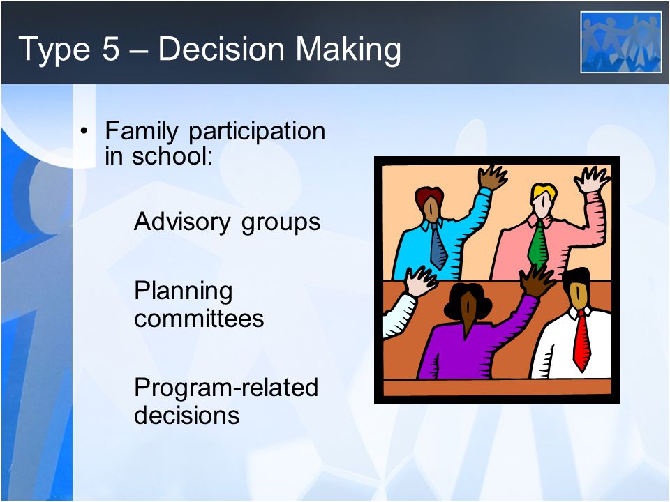 Type 5 – Decision Making Family participation in school: